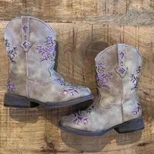 Roper Lola Kids Square Toe Cowboy Boots - Tan and Purple Metallic
